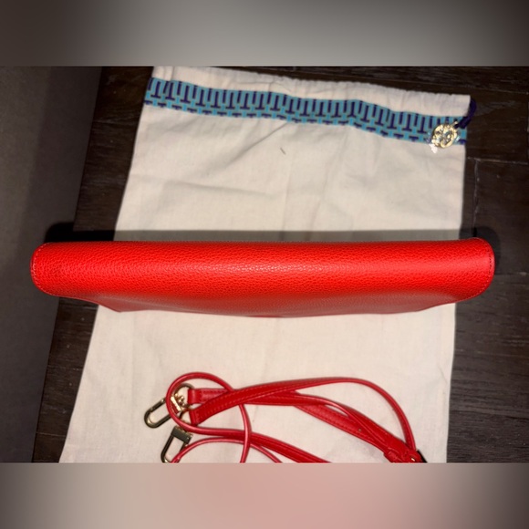 Tory Burch Vibrant Pebbled Red Large Clutch or Crossbody Bag EUC with Dusty - Picture 7 of 9